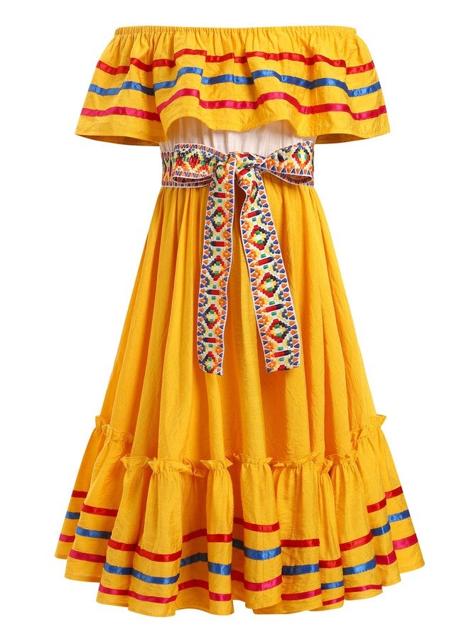 ODIZLI Mexican Dress for Girls - Folklorico Cinco de Mayo Fiesta Dress - Toddler Off-Shoulder Traditional - Little Girls Flamenco Ruffle Drape A Line Dress - Yellow 5-6 Years - Image 2